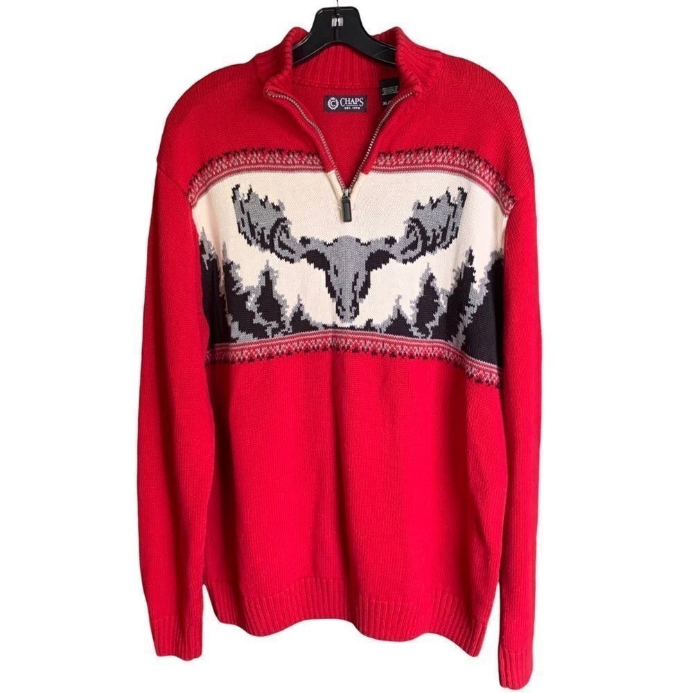 Mens Cabincore Moose Red Cotton Pullover 1/4 Zip Sweater Sz XL